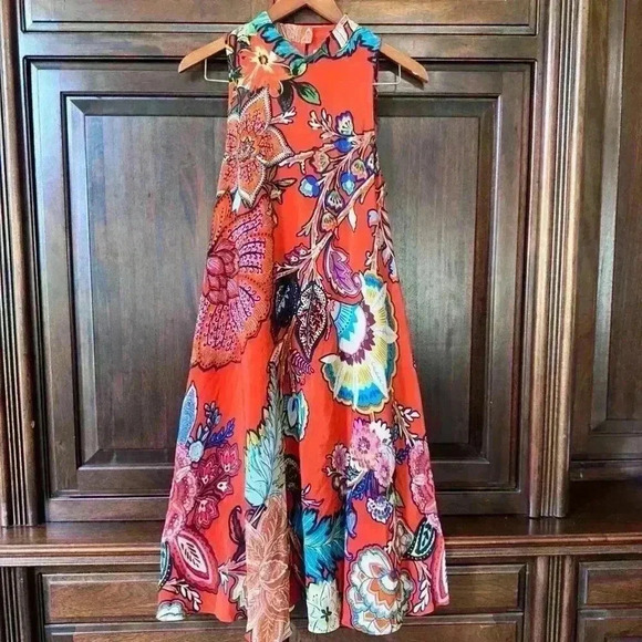 🌷Anthropologie Maeve Larkhill 100% Silk Swing Dress Floral Orange Midi Length S - Picture 6 of 12